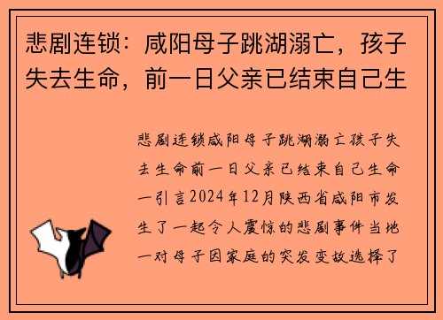 悲剧连锁：咸阳母子跳湖溺亡，孩子失去生命，前一日父亲已结束自己生命