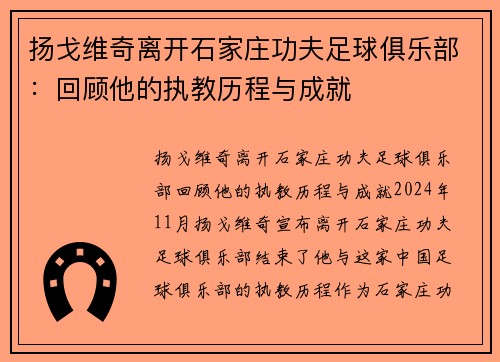 扬戈维奇离开石家庄功夫足球俱乐部：回顾他的执教历程与成就