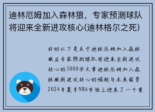 迪林厄姆加入森林狼，专家预测球队将迎来全新进攻核心(迪林格尔之死)